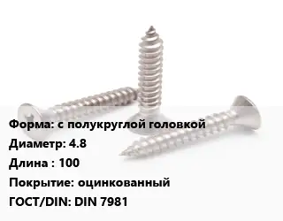 Саморез с полукруглой головкой D=4.8 L=100 оцинкованный ГОСТ: DIN 7981